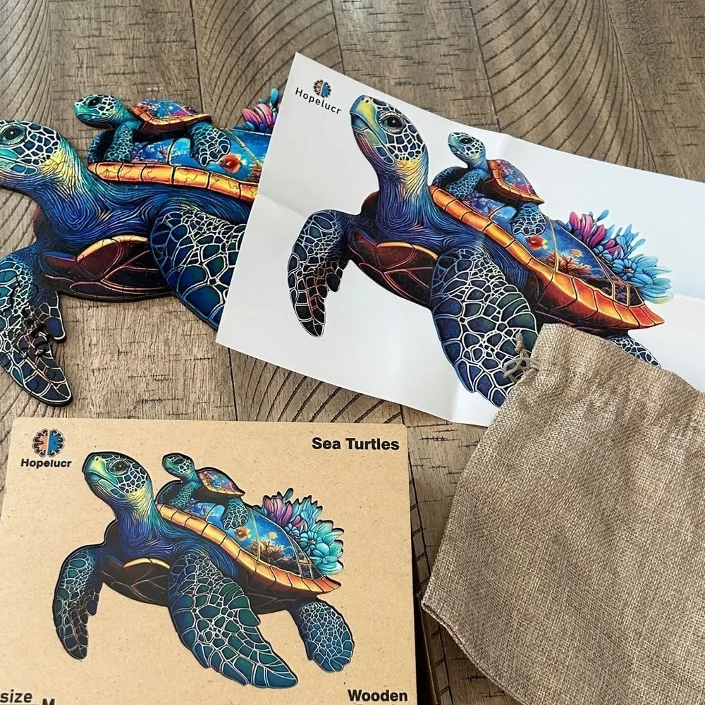 Colorful Sea Turtle Art 🖼️ Puzzle 🧩 wood box & burlap bag